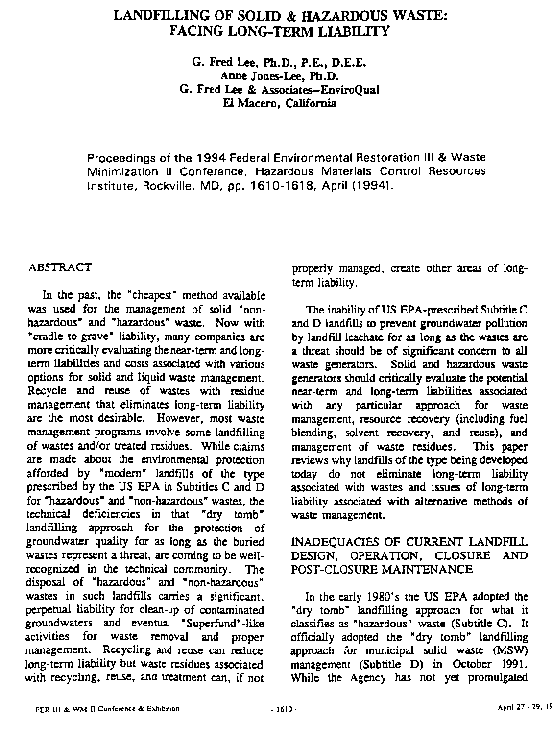 Lee & Jones-Lee, Landfilling of Solid & Hazardous Waste: Facing Long-Term Liability