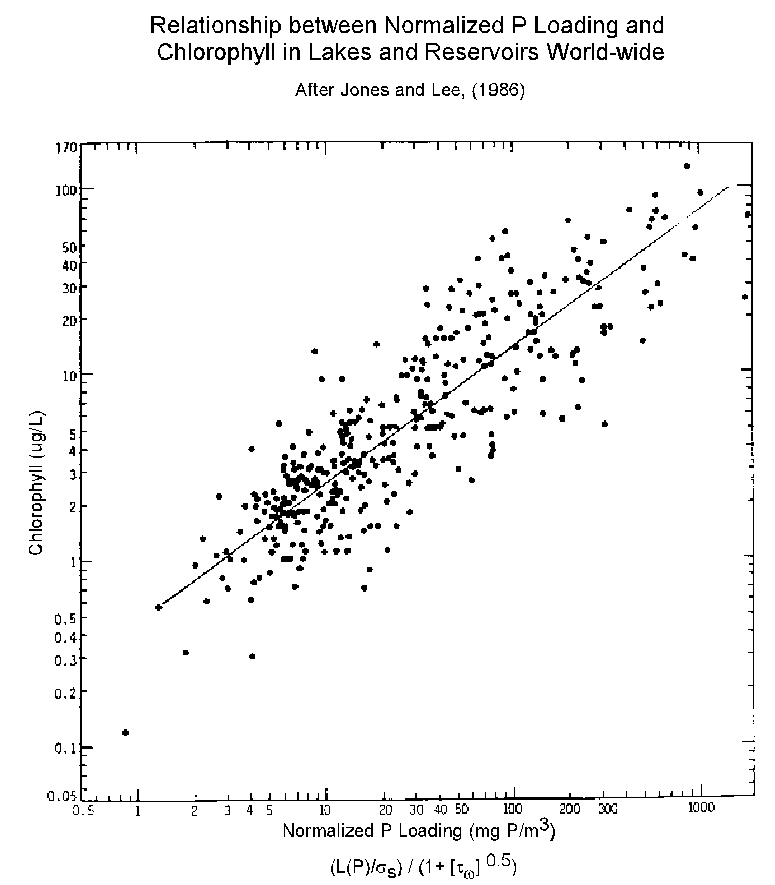 normalized P loding vs. chlorophysll in lakes and reservoirs